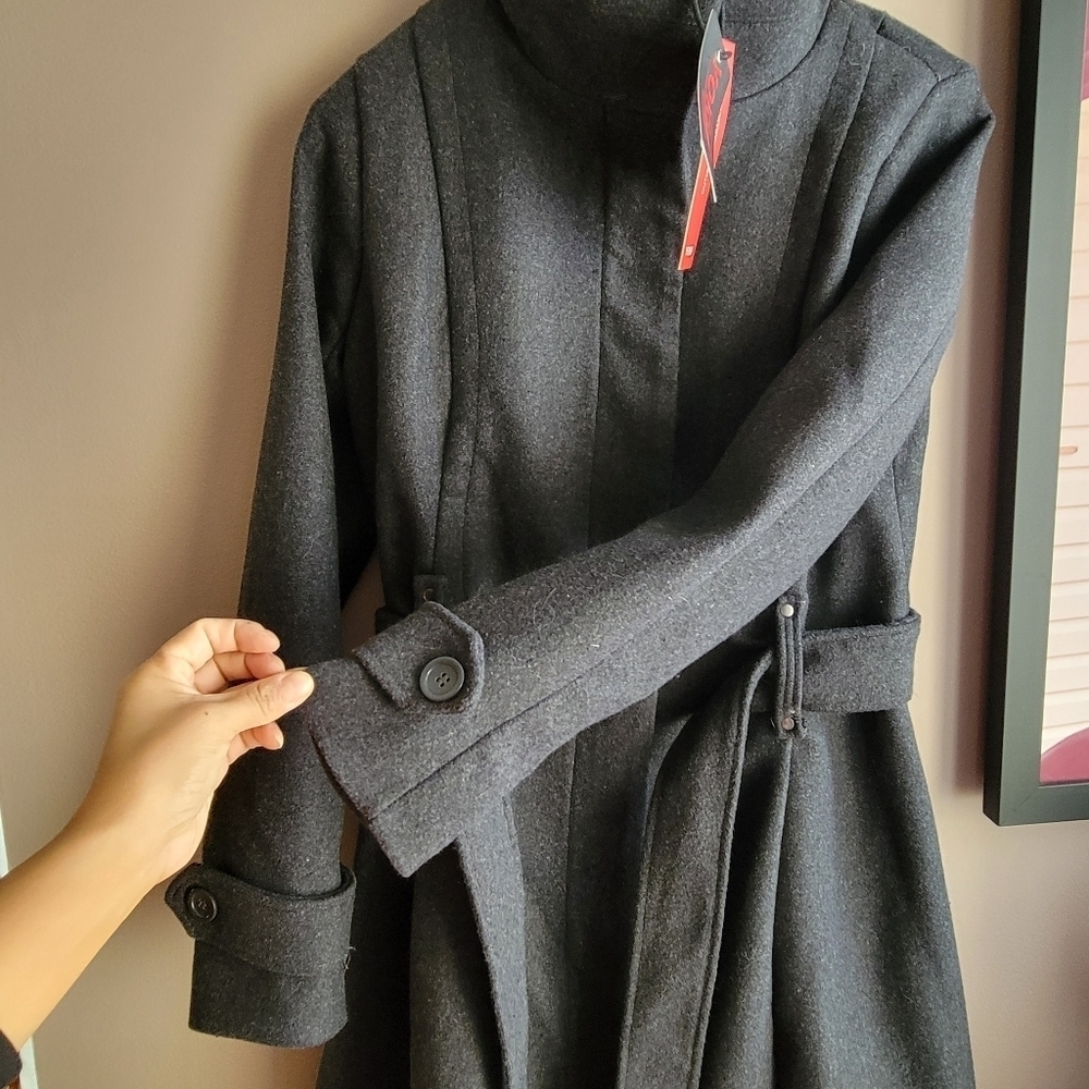 YOKI Outwear Winter Trench Coat Dark Charcoal Size Small Buttons /Belt New - Picture 7 of 15